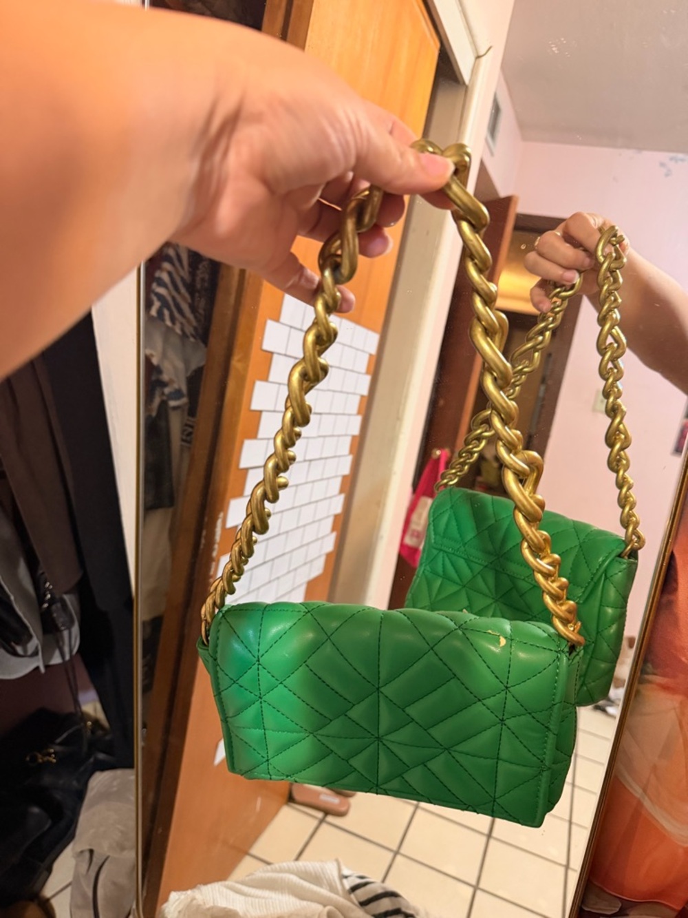 Zara Emerald Quilted Shoulder Bag with Gold Chain